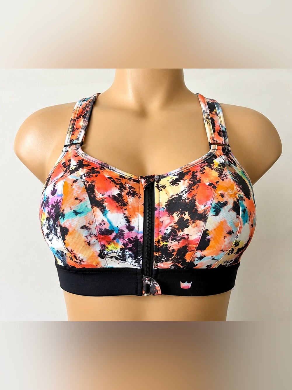 SHEFIT Zip-Front Sports Bra in Multicolor Abstract Print
